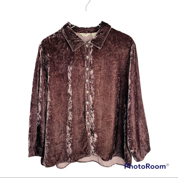 J.Jill Brown Crushed Velvet 100% Rayon High/Low Long Sleeve Button down Shirt - Picture 4 of 13